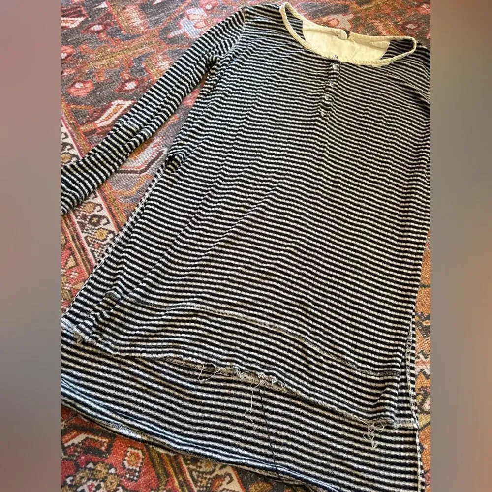 Free people Gwen Drippy Rib Henley tan black stripe long duster Boho Top XS